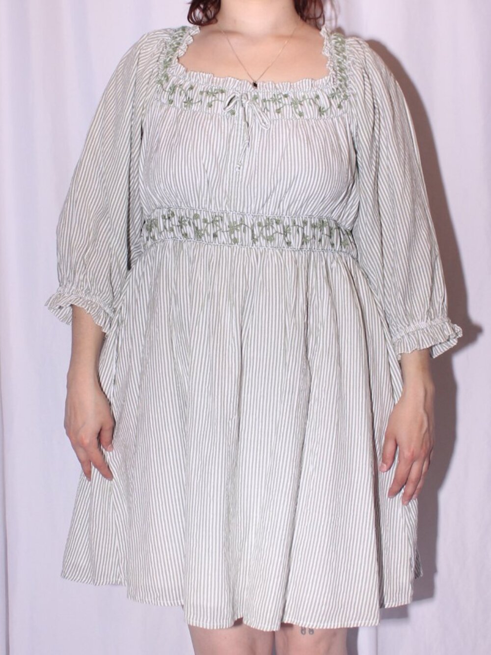 American Eagle sage green pinstripe floral detail dress